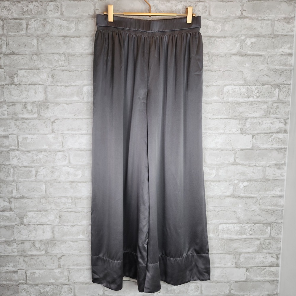 Theory Culotte Pants Grey 100% Silk Cropped Satin Wide Leg Smocked Size M